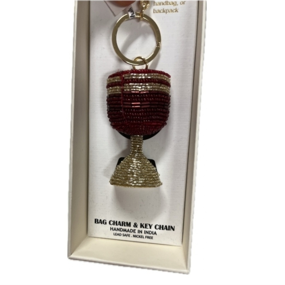 💛▪️Haute Hippie▪️ Red and Gold Beaded Wine Cup Key Chain Bag Charm - Picture 4 of 6